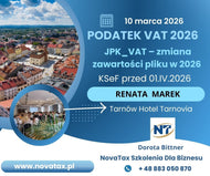 Dodatkowy termin 10.III.2026 stacjonarnie TARNÓW - RENATA MAREK Podatek VAT w 2026 – po uchwalonych zmianach. JPK_VAT – zmiana zawartości pliku w 2026 – nowe rozporządzenie MF. KSeF – tuż przed wejściem w życie nowego obowiązku.